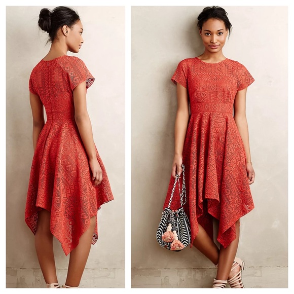 ANTHROPOLOGIE 8 MAEVE *RARE* Wine Red Prima Geo Lace Handkerchief Dress HTF - Picture 13 of 15